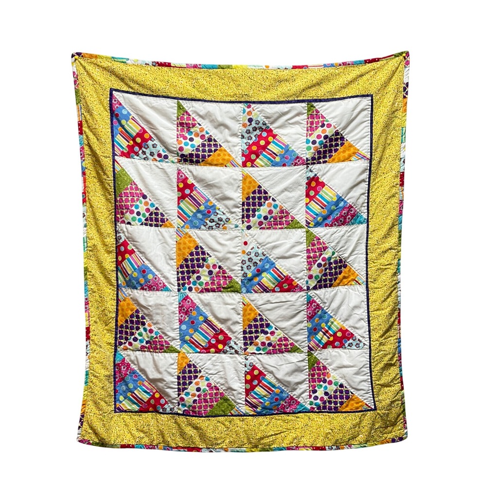 Handmade Colorful Patchwork Baby Quilt Yellow Border Geometric Triangle Nursery